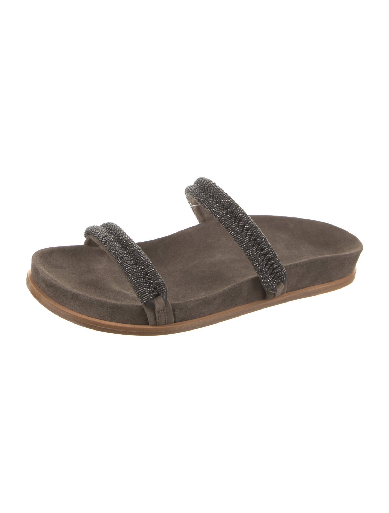 Brunello Cucinelli Suede Beaded Accents Slides