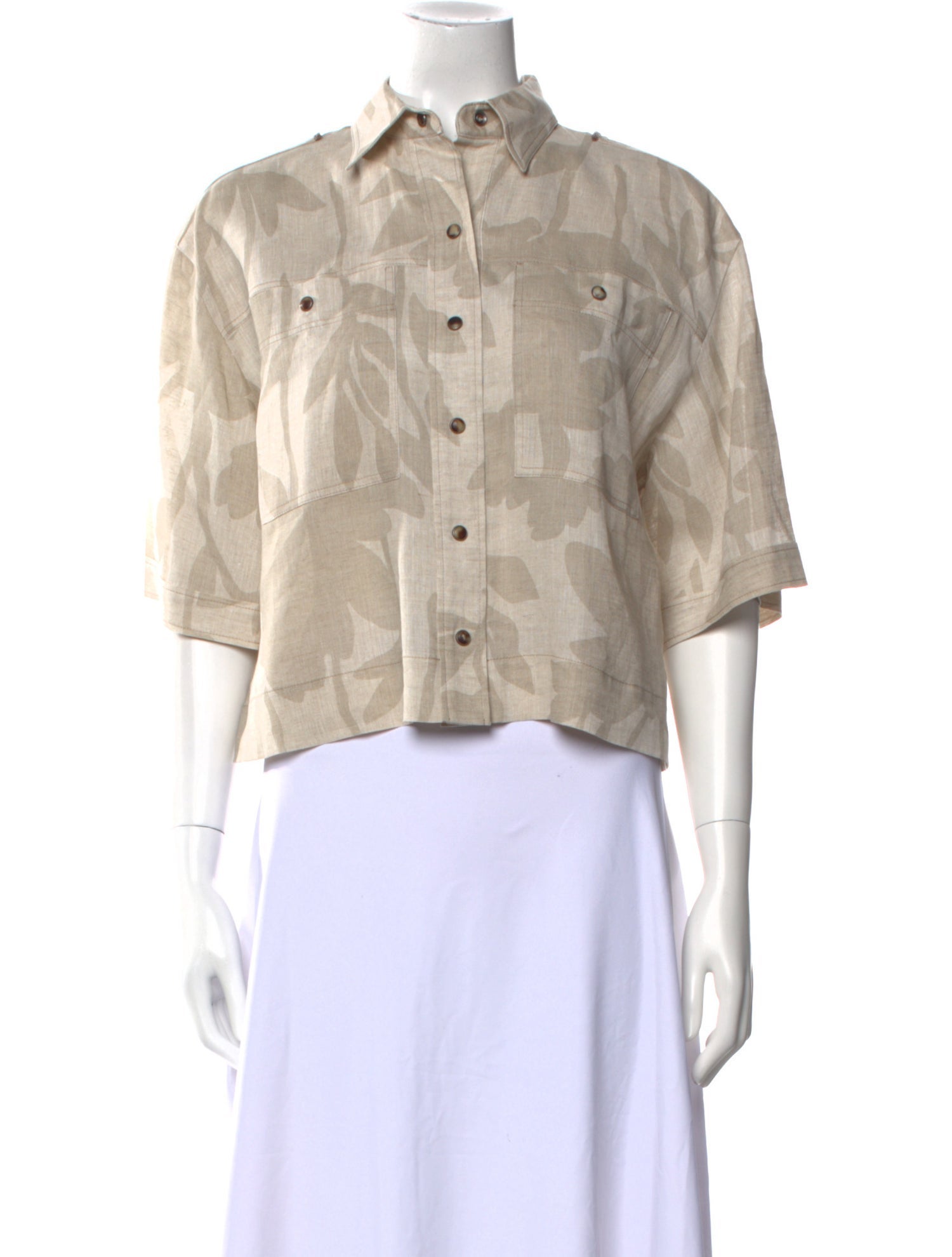 Brunello Cucinelli Linen Three-Quarter Sleeve Crop Top