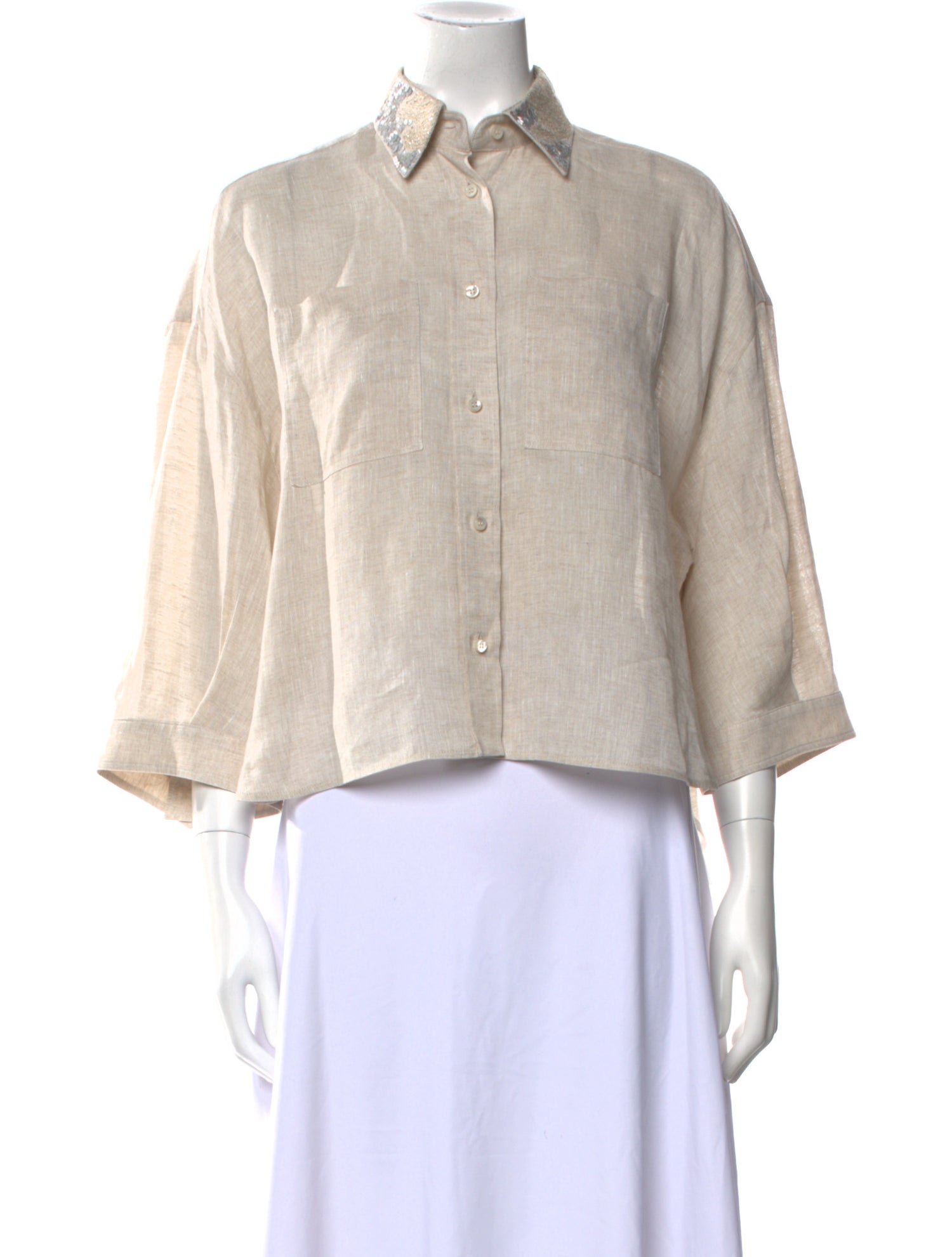Brunello Cucinelli Linen Three-Quarter Sleeve Crop Top