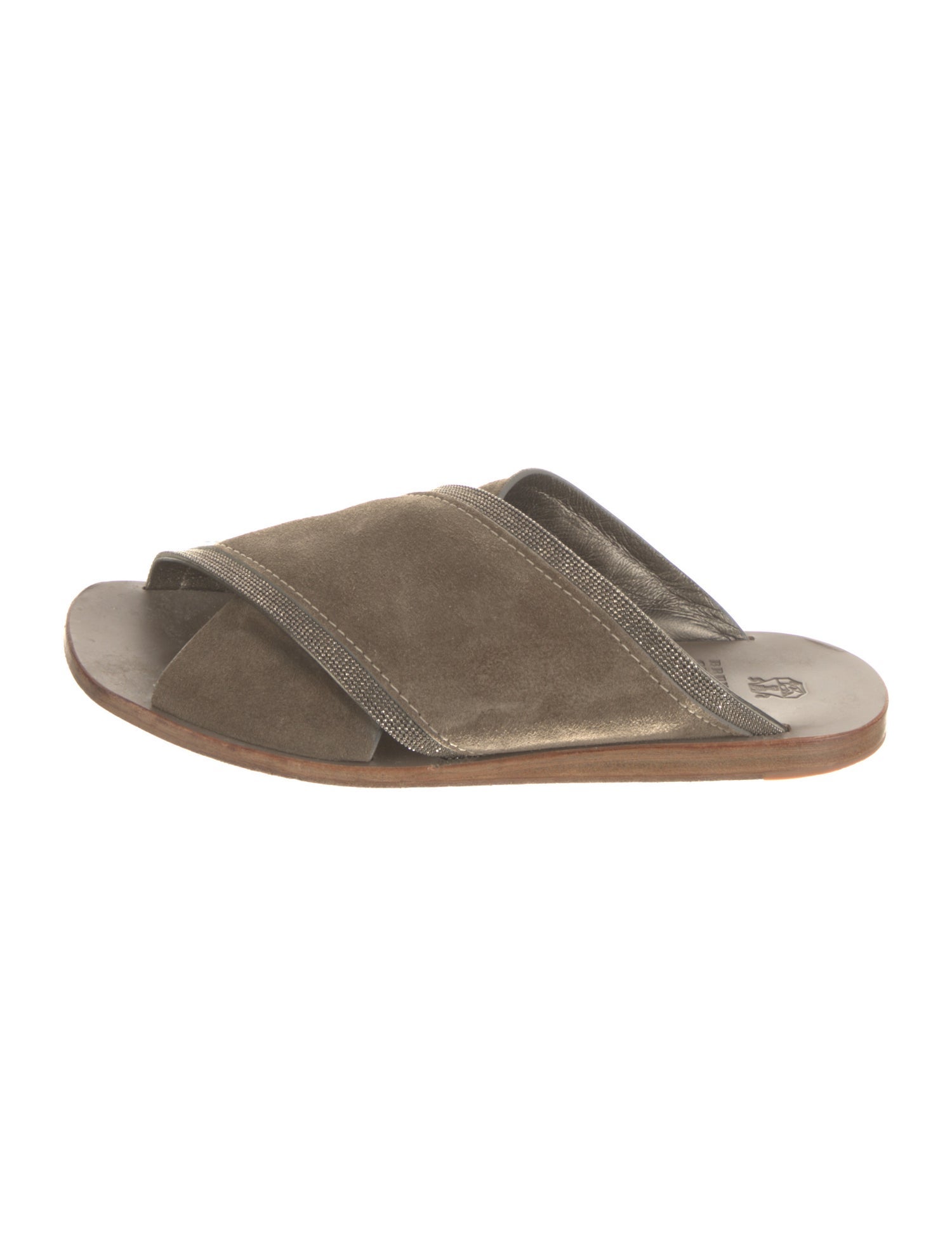 Brunello Cucinelli Suede Beaded Accents Slides