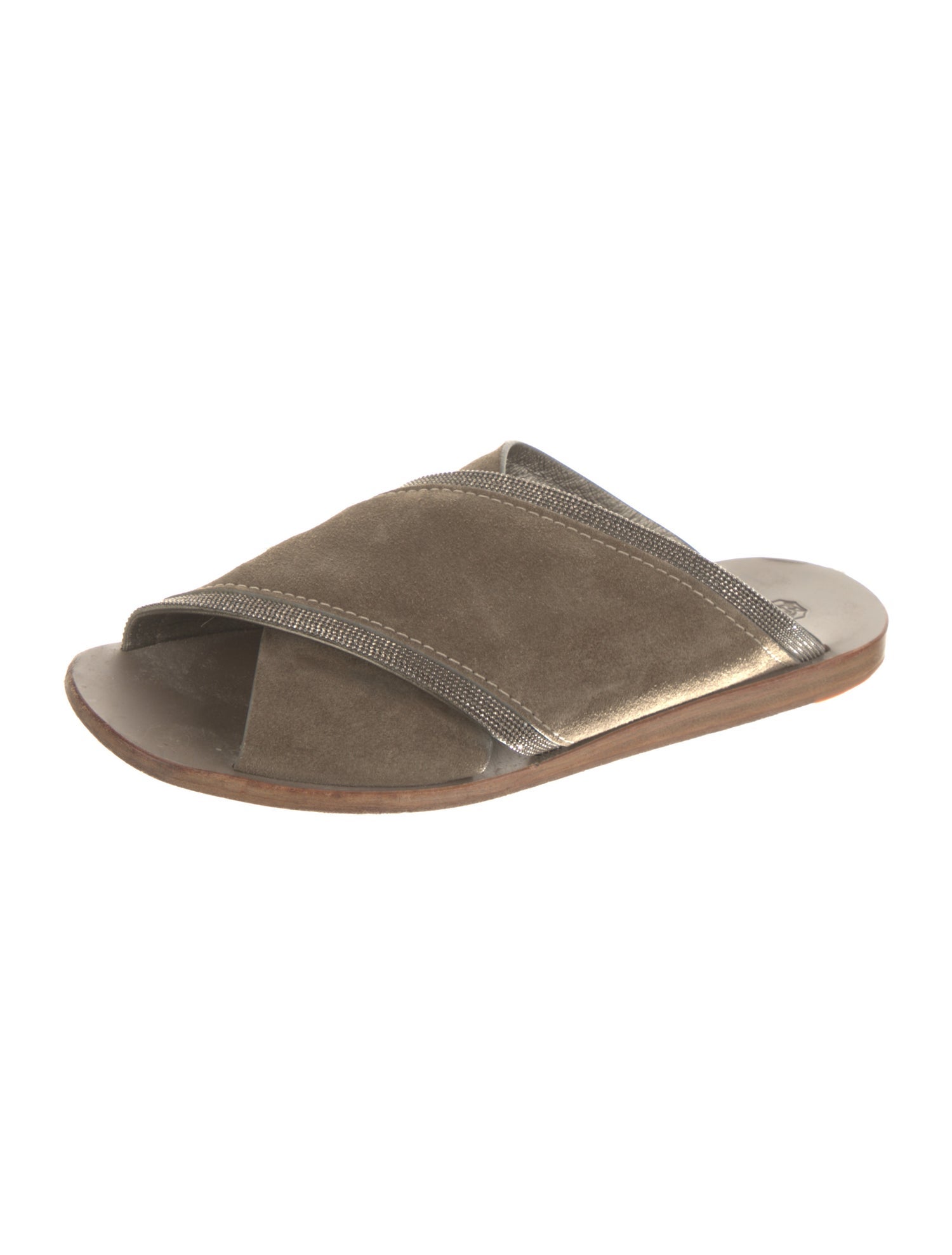 Brunello Cucinelli Suede Beaded Accents Slides
