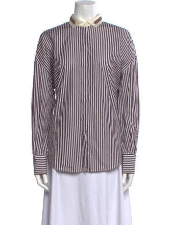 Brunello Cucinelli Striped Mock Neck Button-Up Top