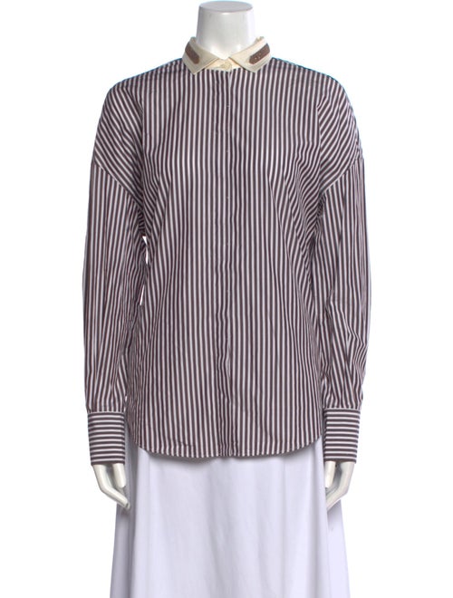 Brunello Cucinelli Striped Mock Neck Button-Up Top