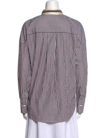 Brunello Cucinelli Striped Mock Neck Button-Up Top