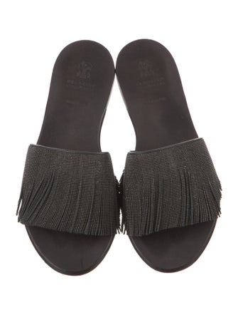 Brunello Cucinelli Leather Beaded Accents Slides