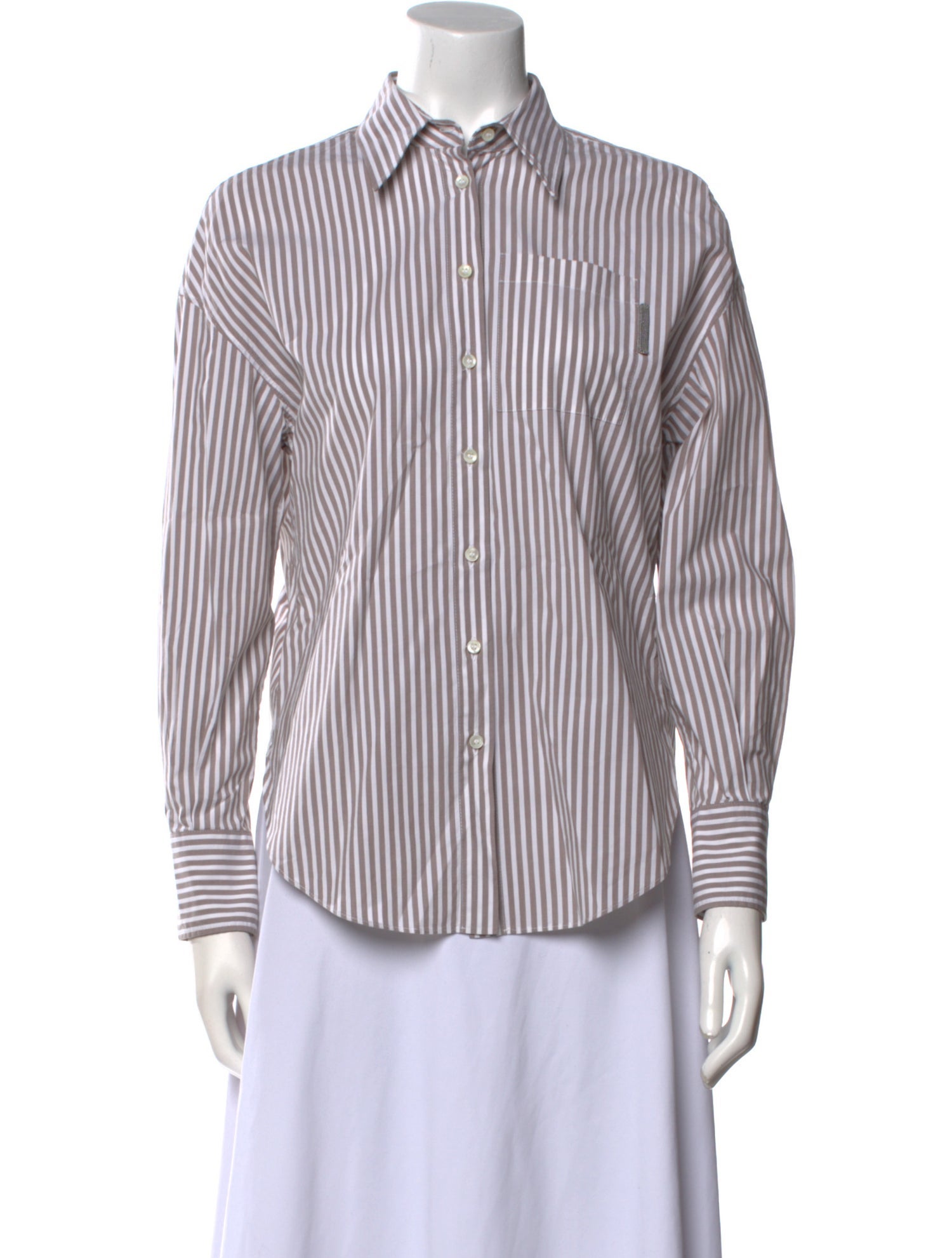 Brunello Cucinelli Striped Long Sleeve Button-Up Top