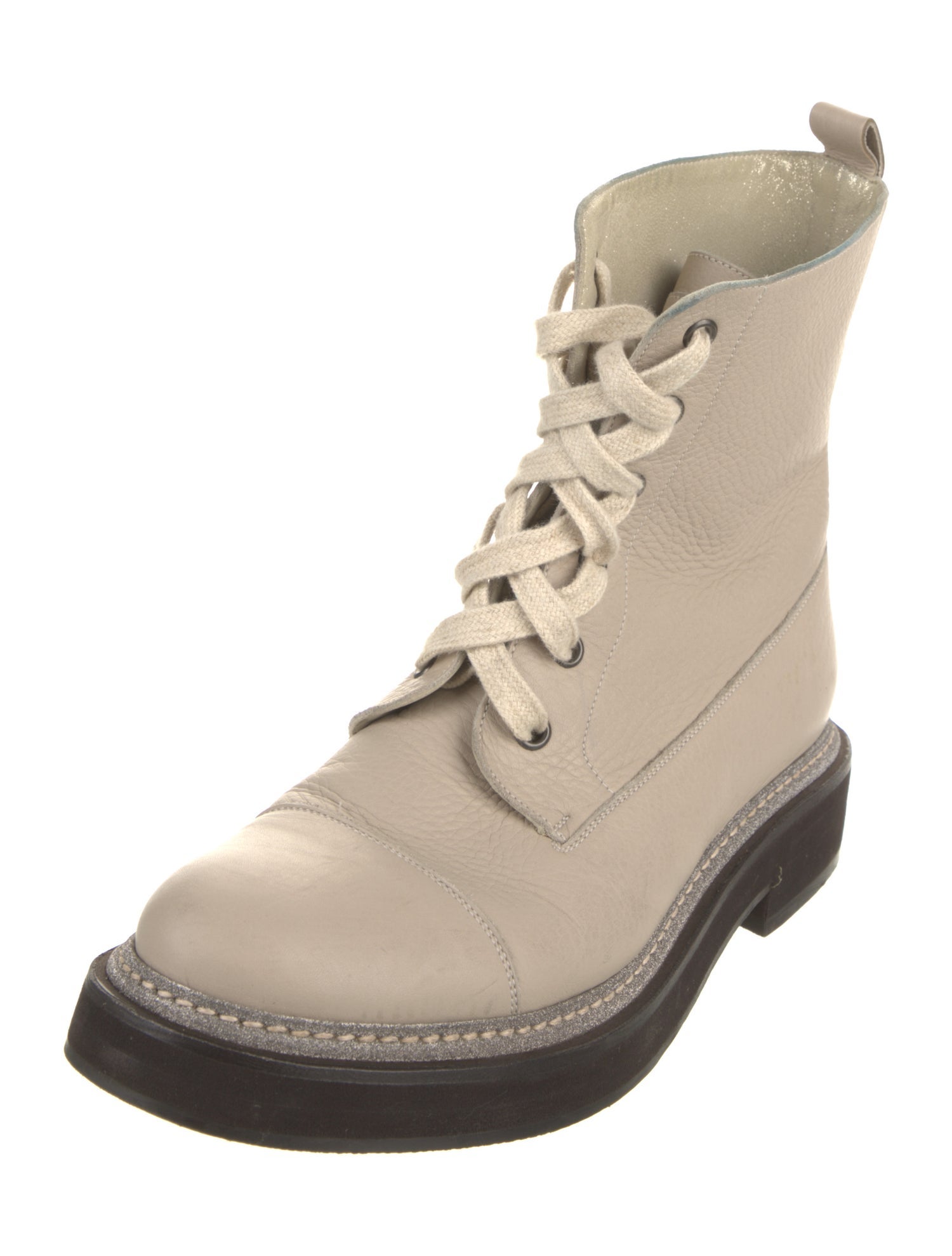 Brunello Cucinelli Leather Glitter Accents Combat Boots