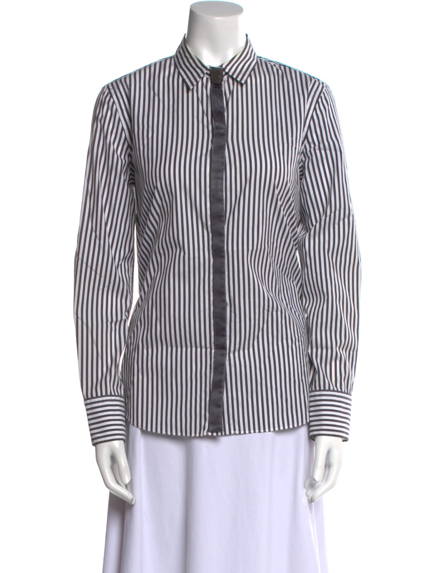 Brunello Cucinelli Striped Long Sleeve Button-Up Top