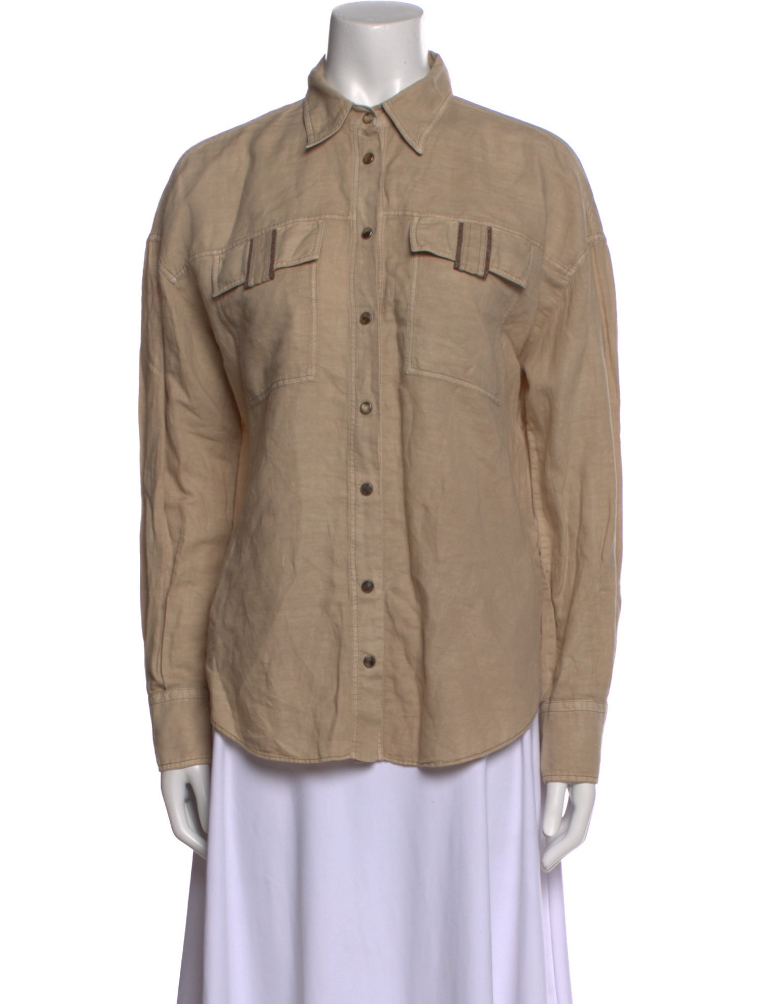 Brunello Cucinelli Linen Long Sleeve Button-Up Top