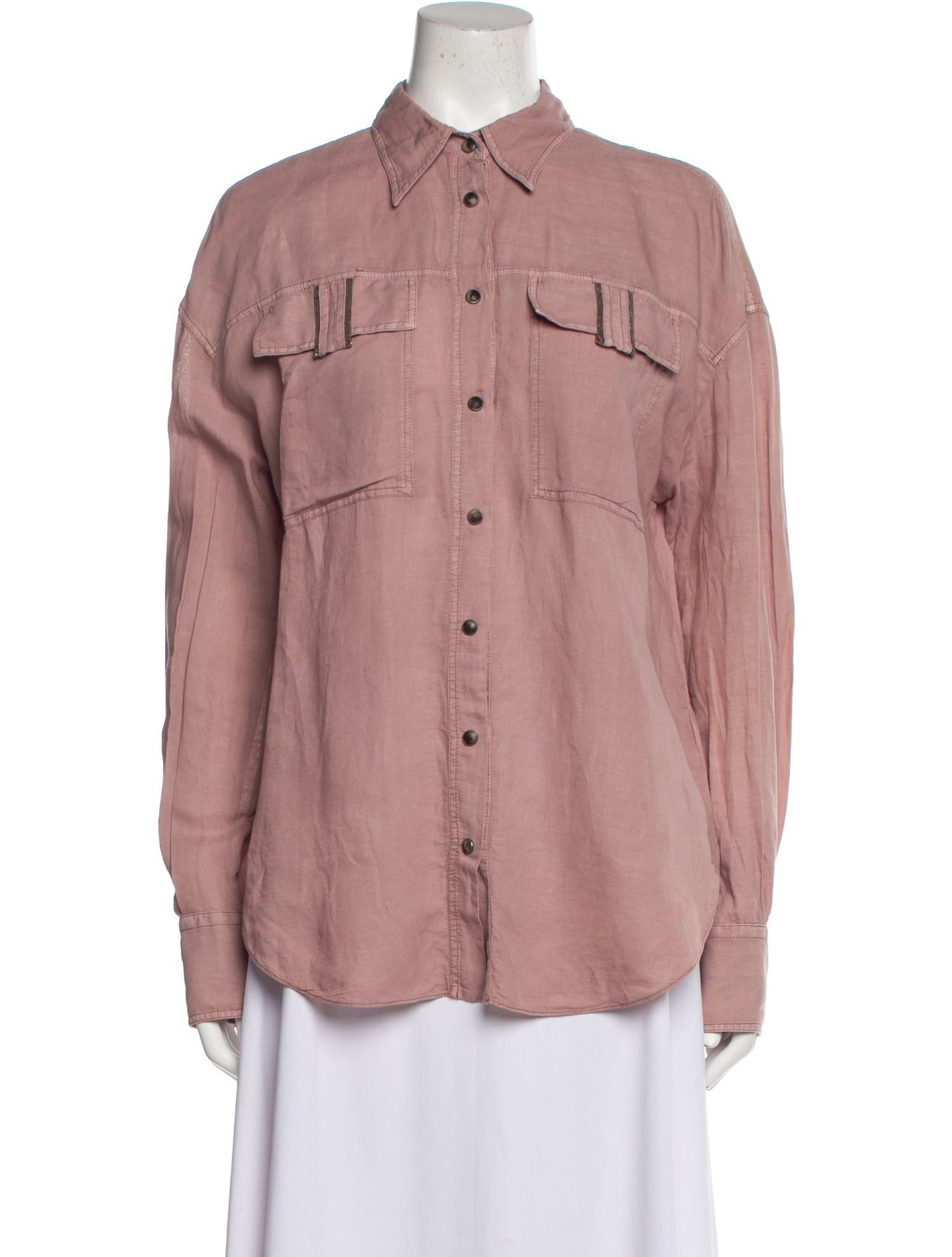 Brunello Cucinelli Linen Long Sleeve Button-Up Top