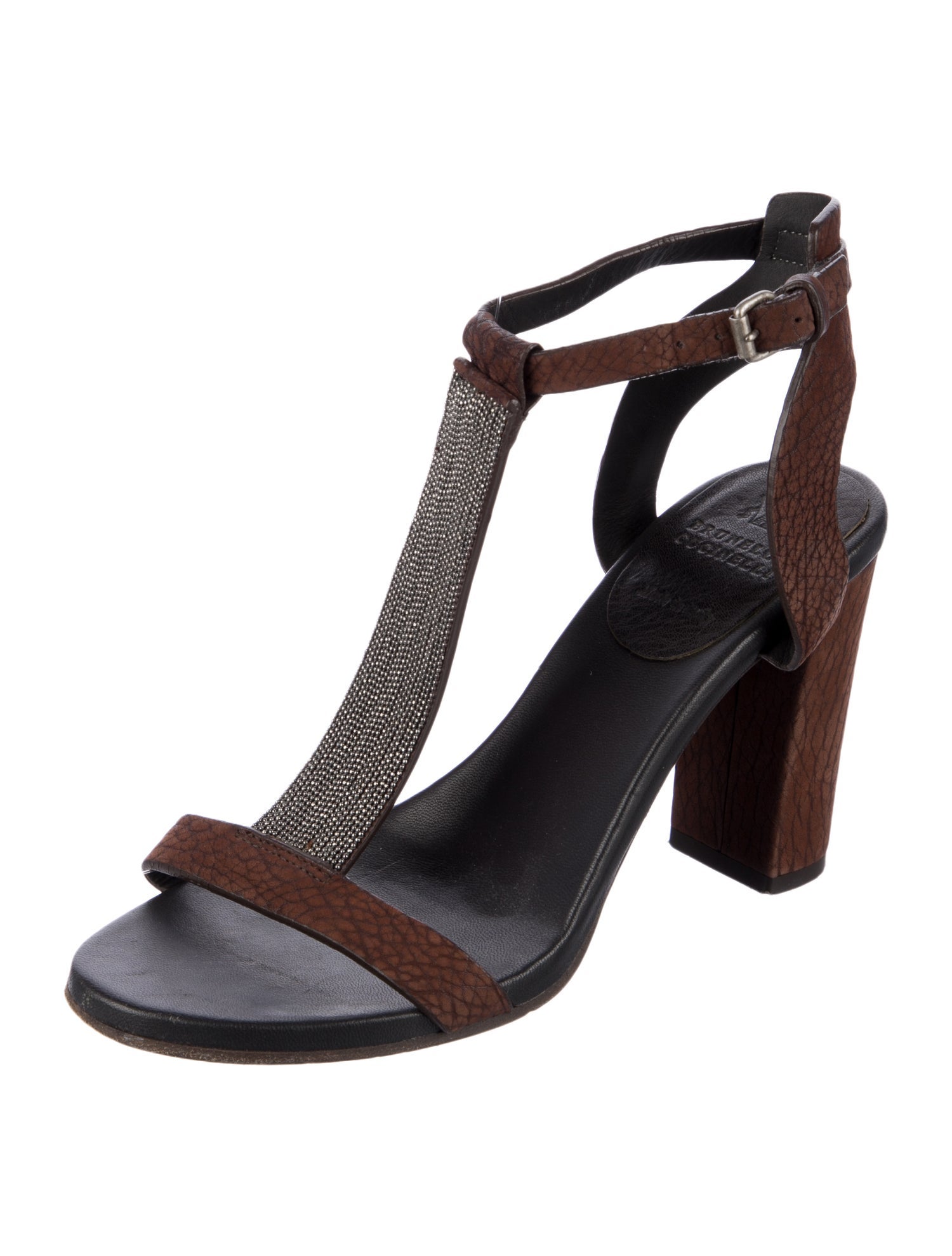 Brunello Cucinelli Monili Leather T-Strap Sandals