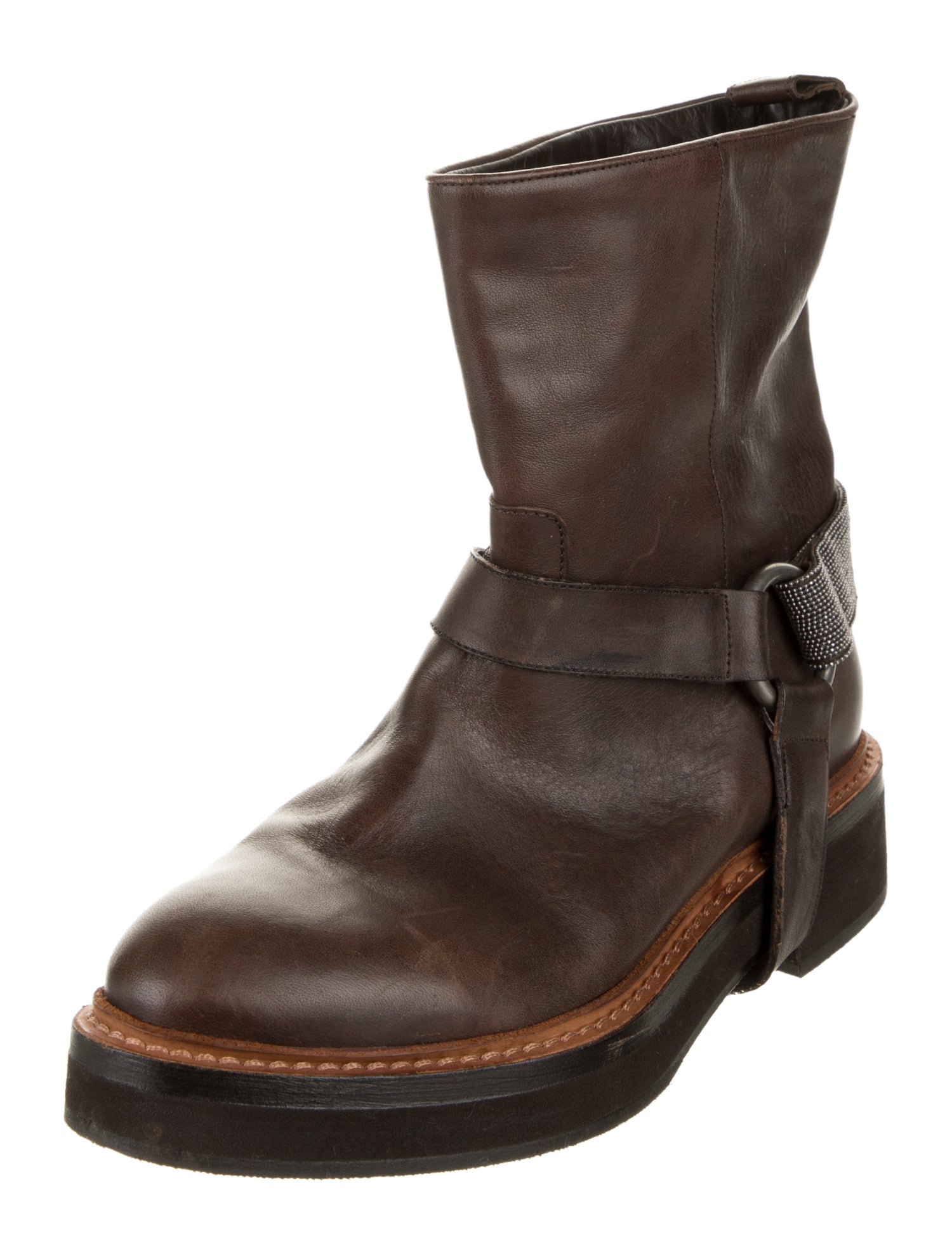 Brunello Cucinelli Leather Beaded Accents Moto Boots