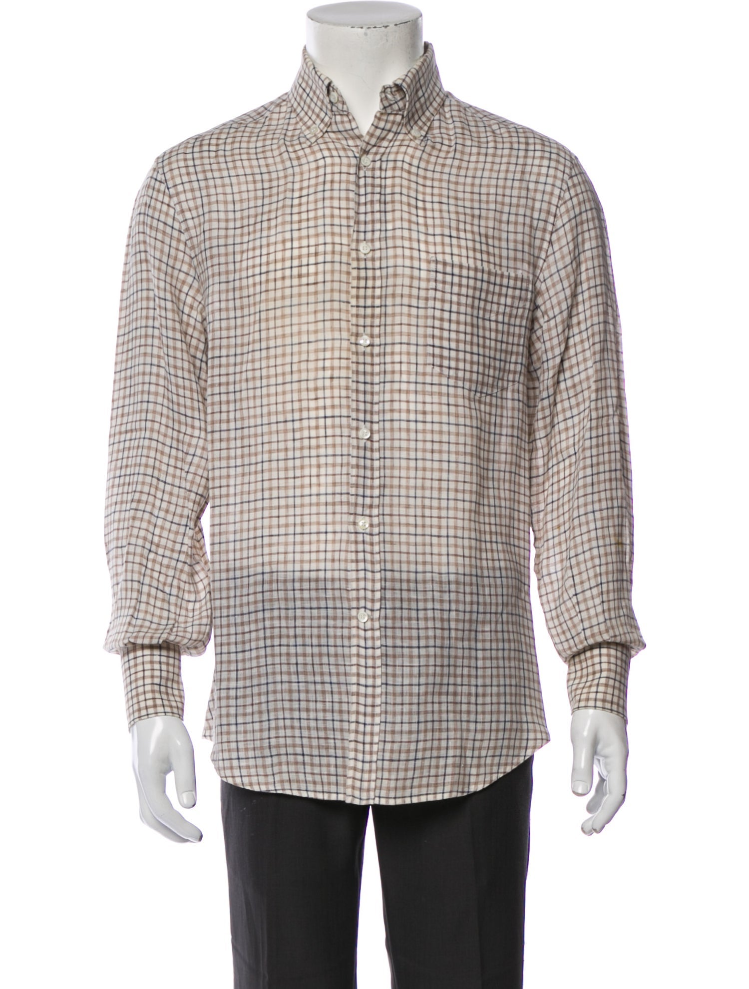 Brunello Cucinelli Linen Plaid Print Dress Shirt