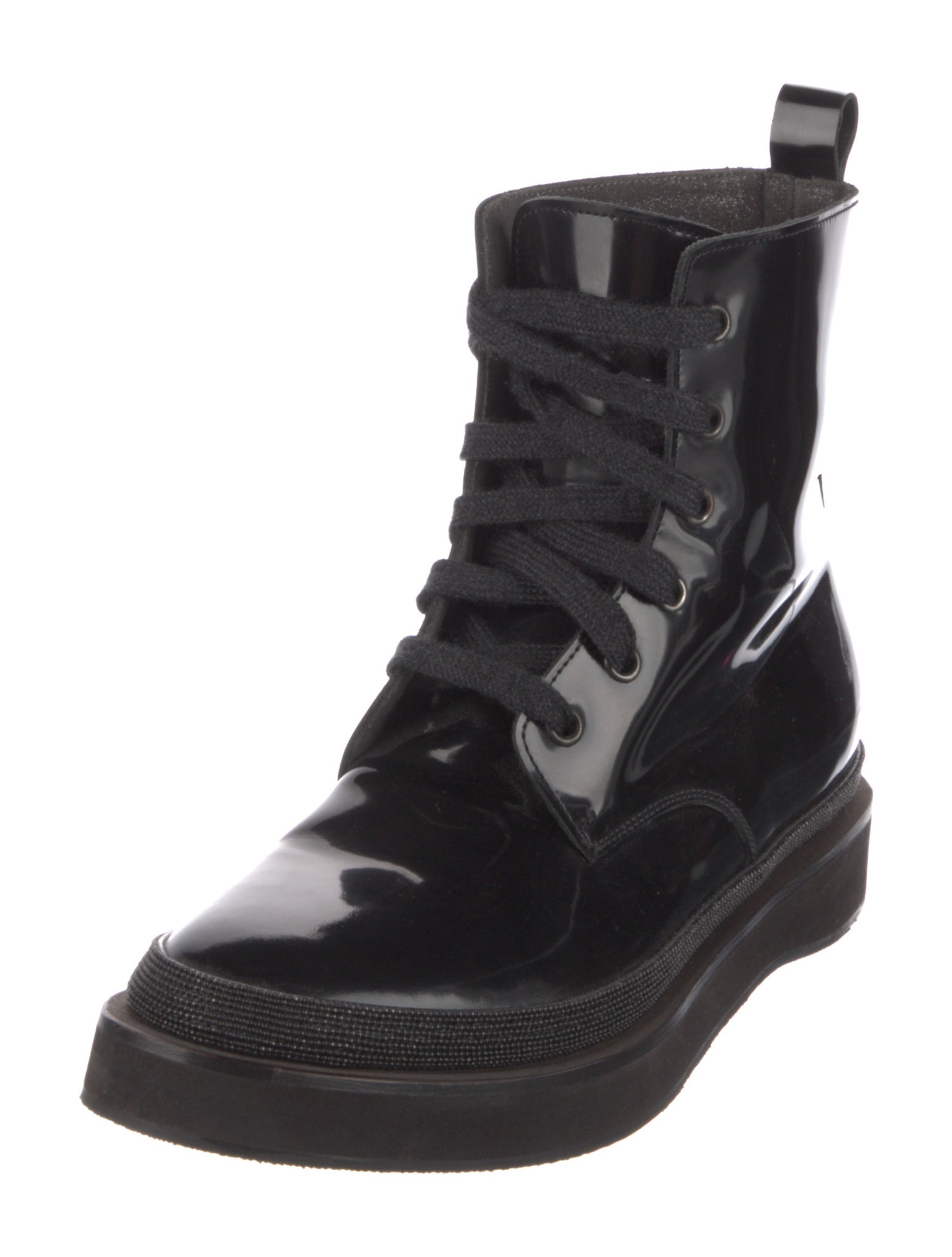 Brunello Cucinelli Monili Patent Leather Combat Boots
