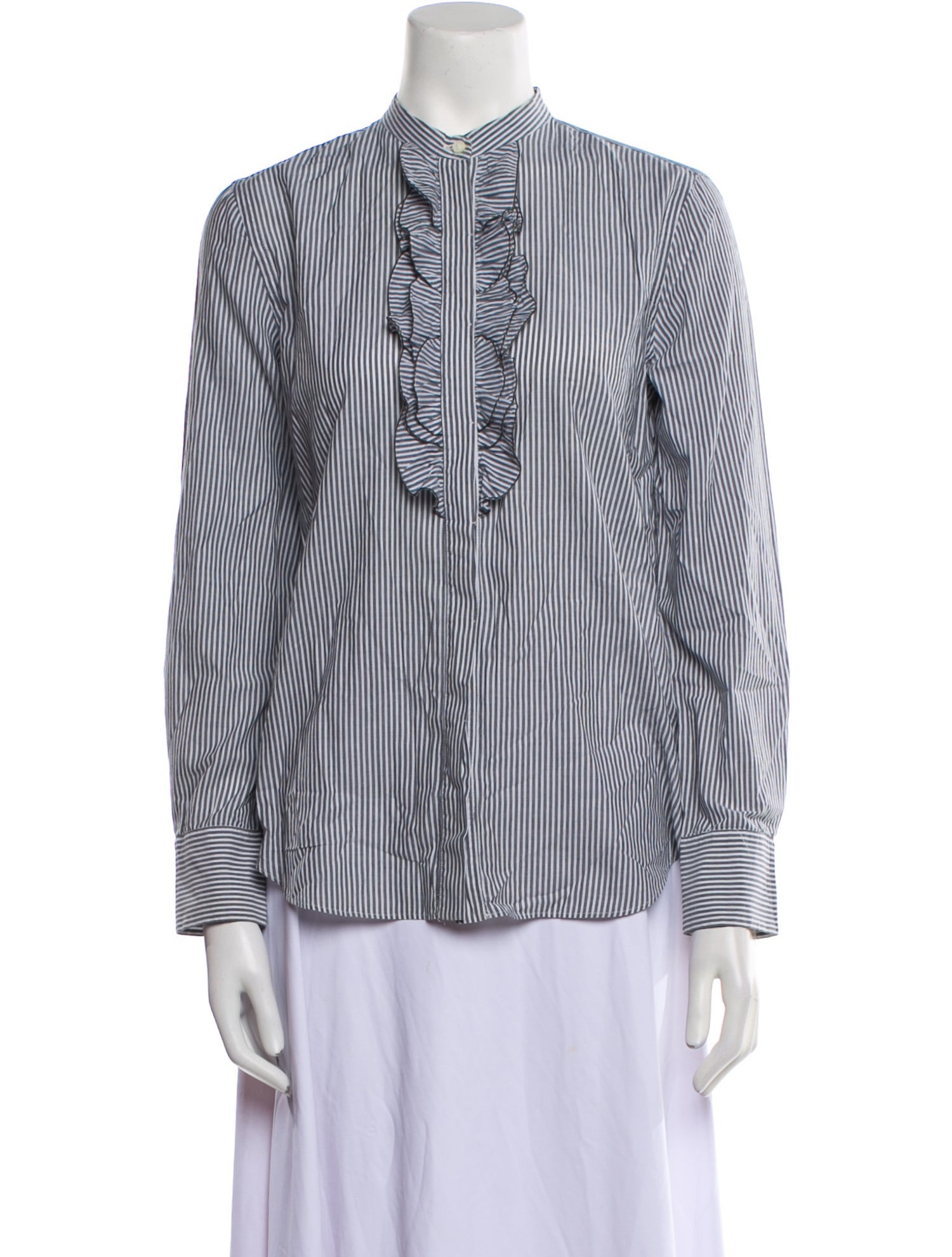 Brunello Cucinelli Striped Mock Neck Button-Up Top