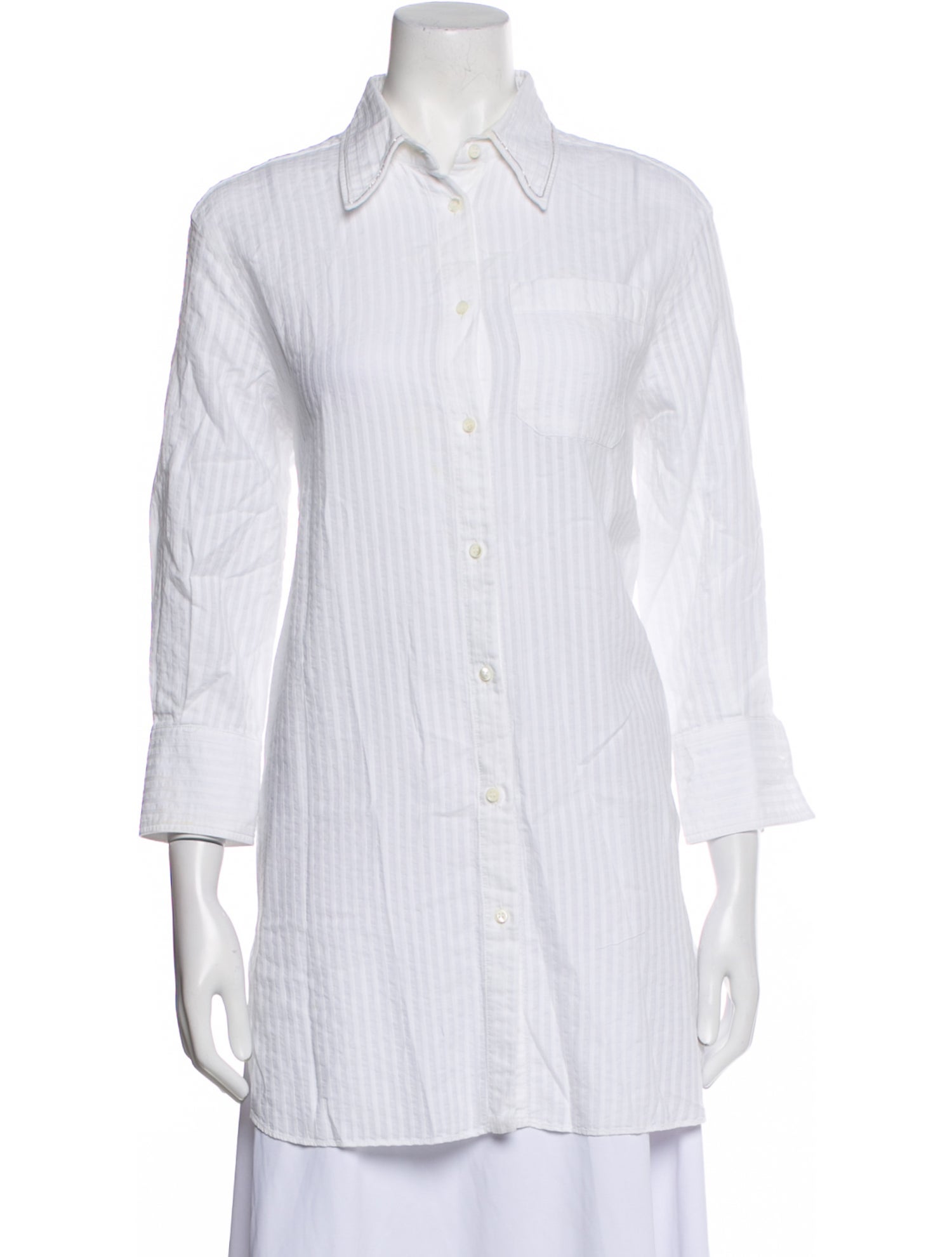 Brunello Cucinelli Striped Three-Quarter Sleeve Button-Up Top