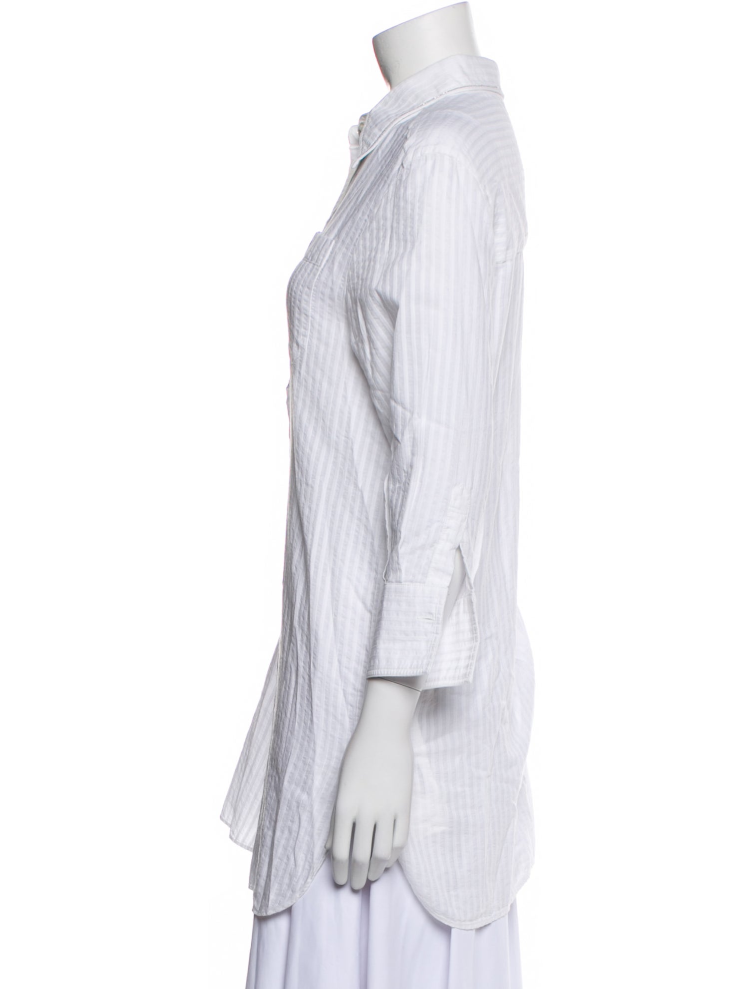 Brunello Cucinelli Striped Three-Quarter Sleeve Button-Up Top