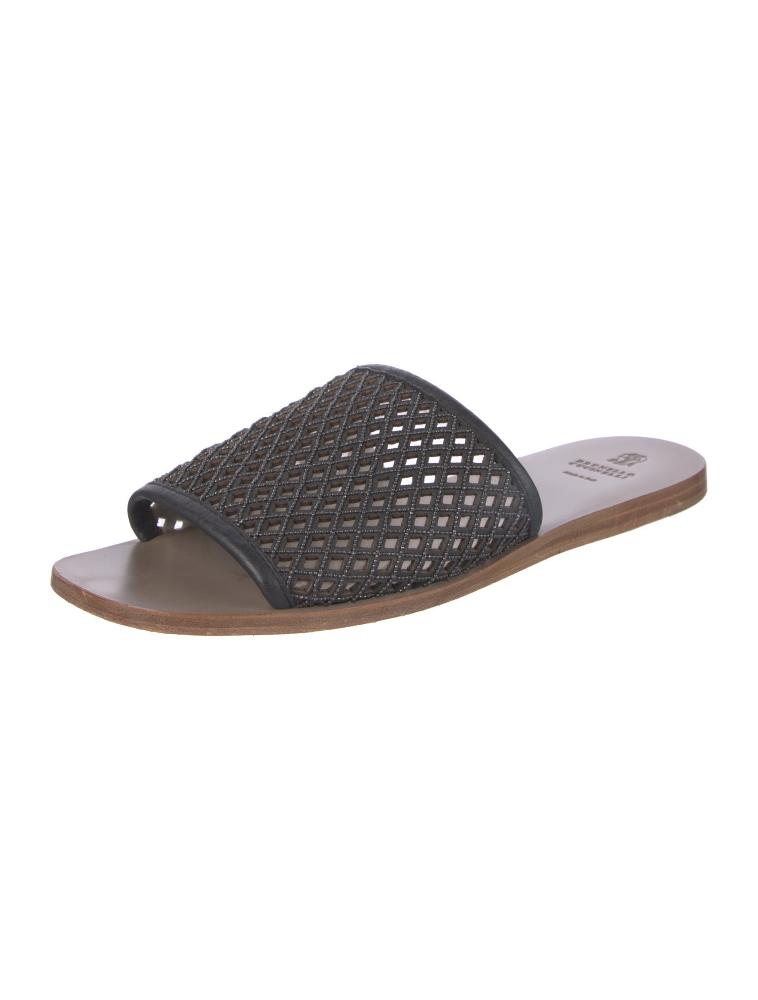 Brunello Cucinelli Leather Mesh Accents Slides