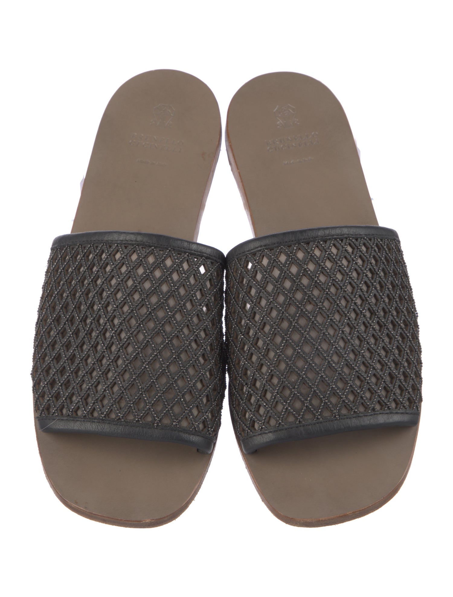 Brunello Cucinelli Leather Mesh Accents Slides