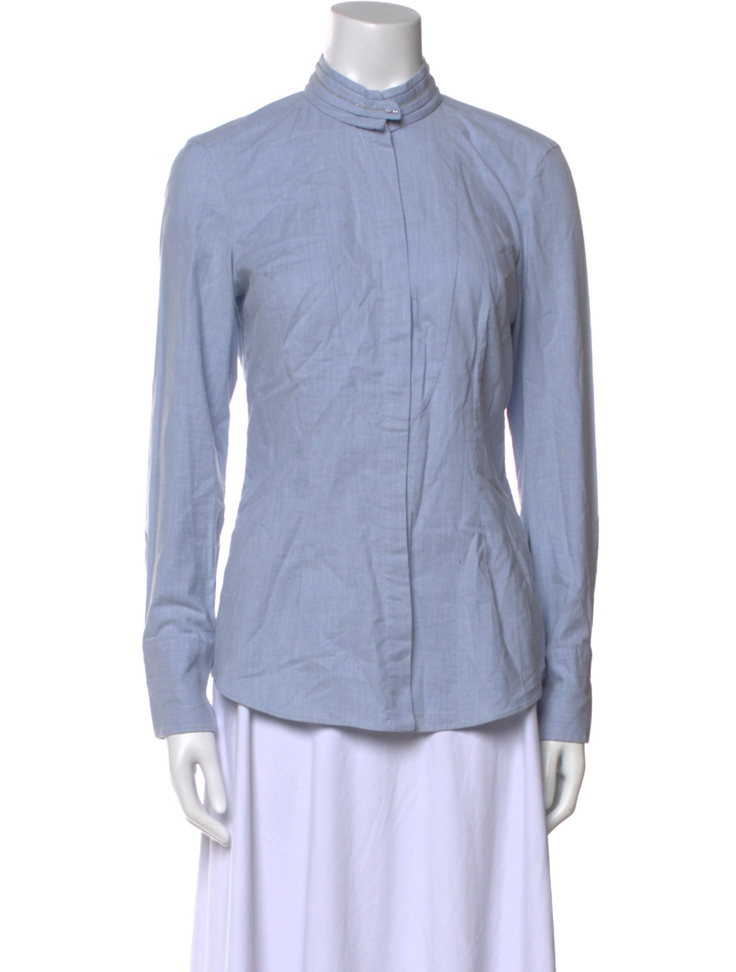 Brunello Cucinelli Mock Neck Long Sleeve Button-Up Top
