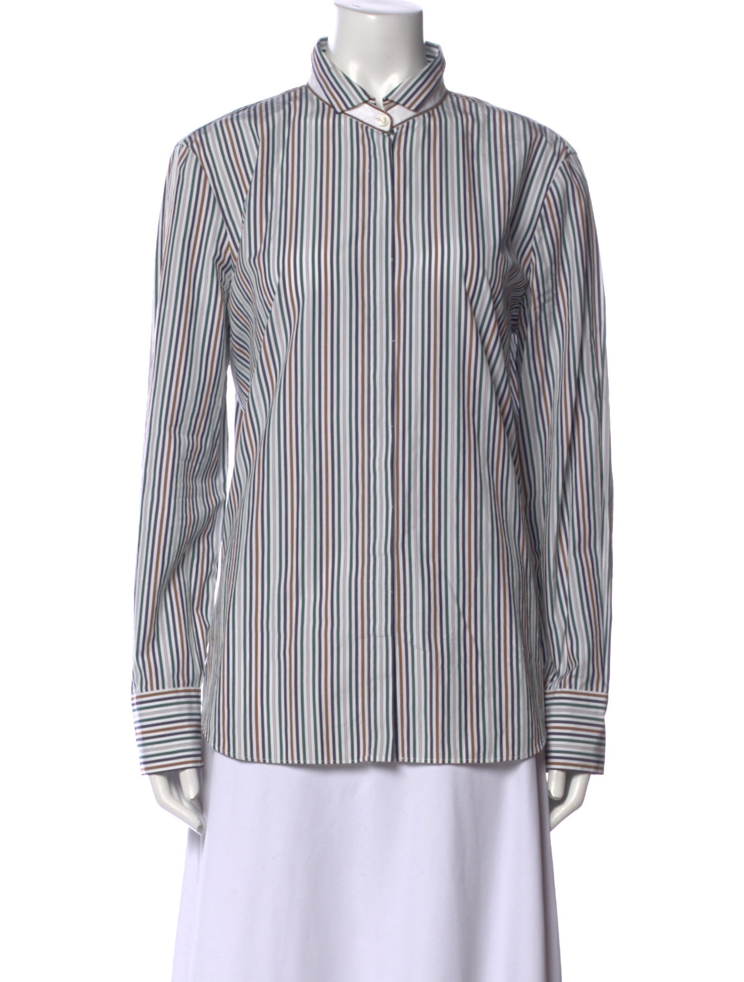 Brunello Cucinelli Striped Mock Neck Button-Up Top