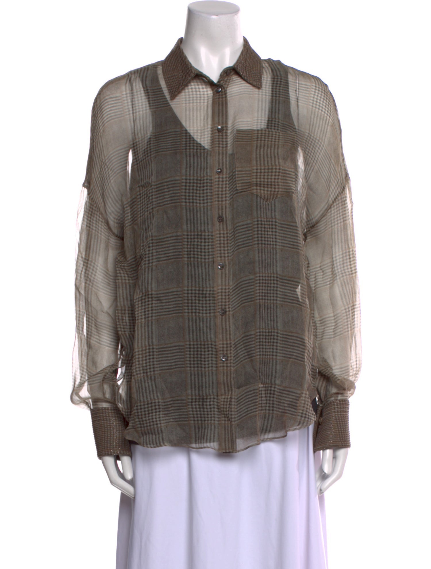 Brunello Cucinelli Plaid Print Long Sleeve Button-Up Top