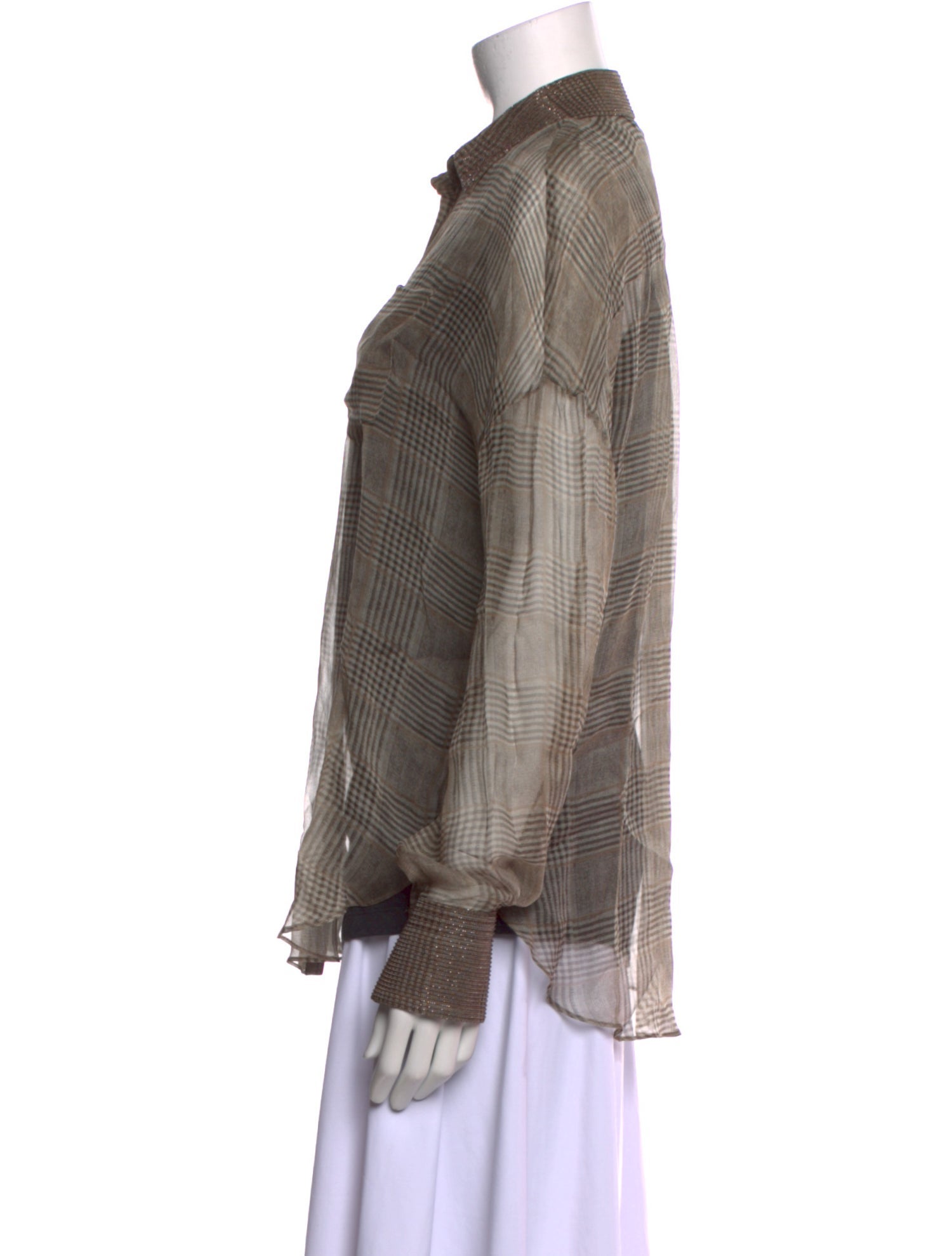 Brunello Cucinelli Plaid Print Long Sleeve Button-Up Top