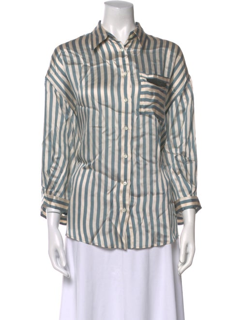 Brunello Cucinelli Striped Three-Quarter Sleeve Button-Up Top
