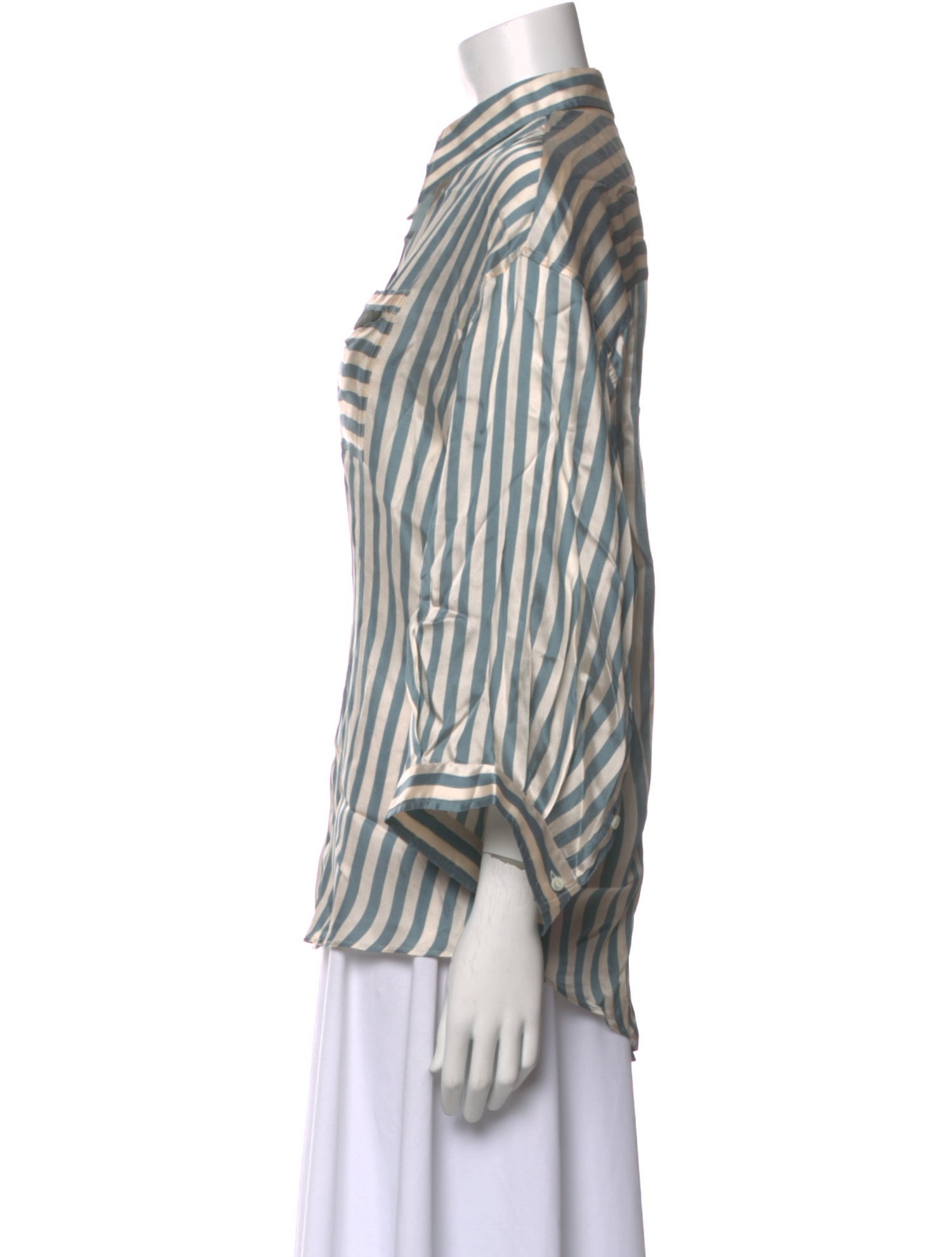 Brunello Cucinelli Striped Three-Quarter Sleeve Button-Up Top