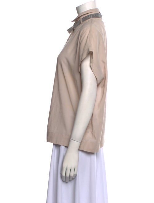 Brunello Cucinelli Mock Neck Short Sleeve Button-Up Top