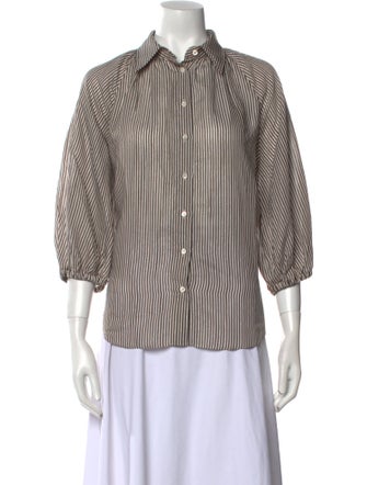 Brunello Cucinelli Striped Three-Quarter Sleeve Button-Up Top