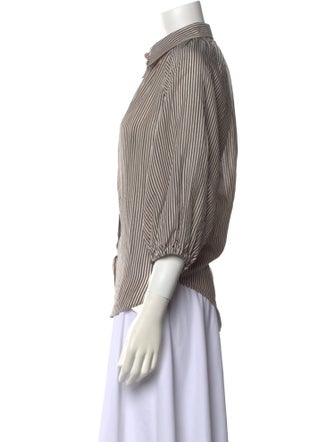 Brunello Cucinelli Striped Three-Quarter Sleeve Button-Up Top
