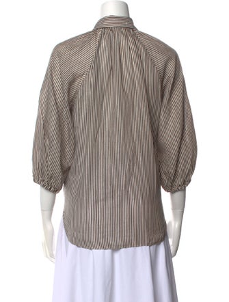 Brunello Cucinelli Striped Three-Quarter Sleeve Button-Up Top