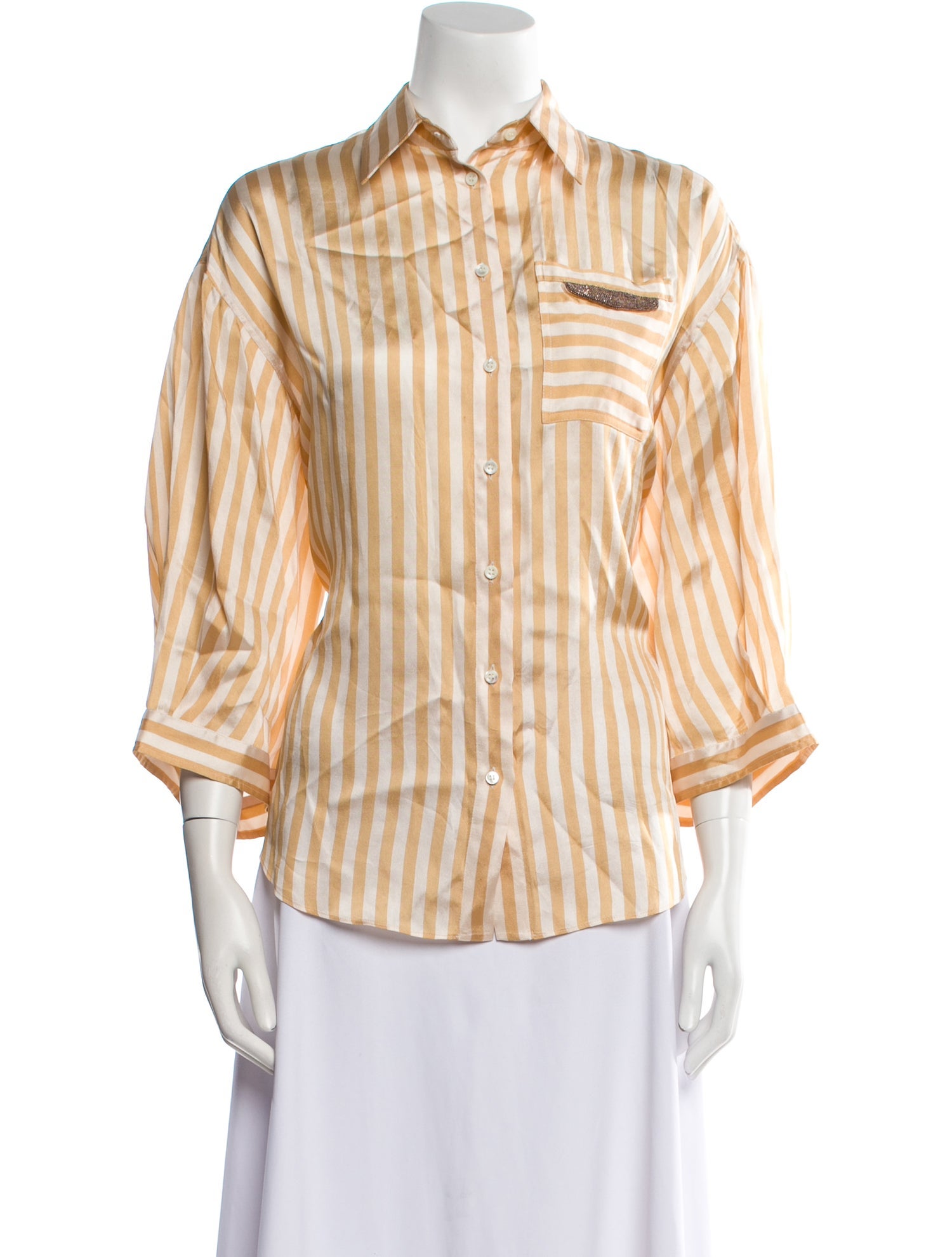 Brunello Cucinelli Striped Three-Quarter Sleeve Button-Up Top