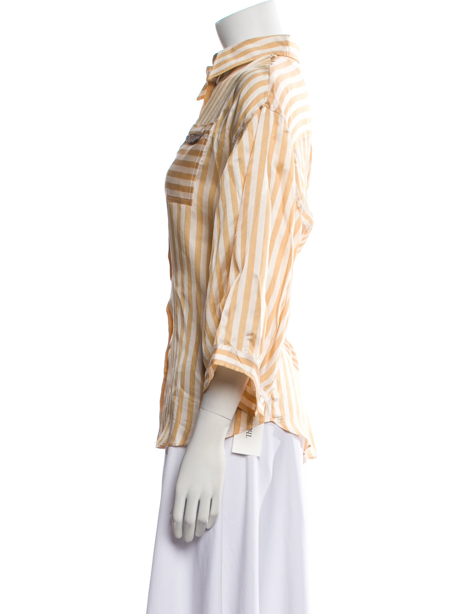 Brunello Cucinelli Striped Three-Quarter Sleeve Button-Up Top