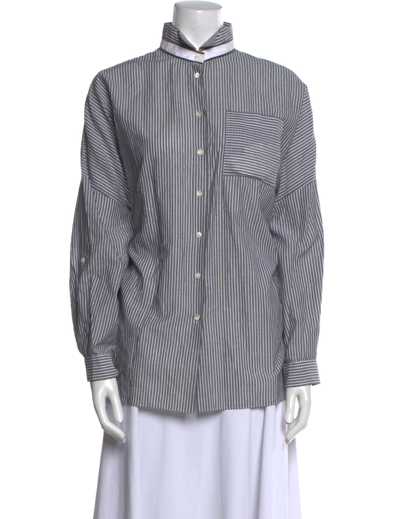 Brunello Cucinelli Striped Mock Neck Button-Up Top