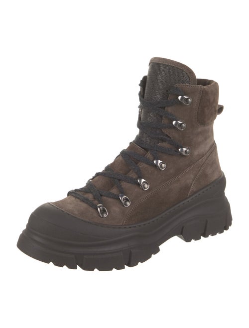 Brunello Cucinelli Suede Colorblock Pattern Combat Boots