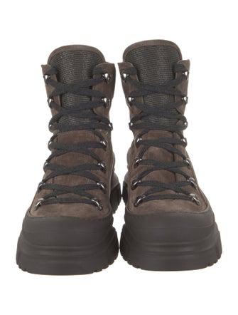 Brunello Cucinelli Suede Colorblock Pattern Combat Boots