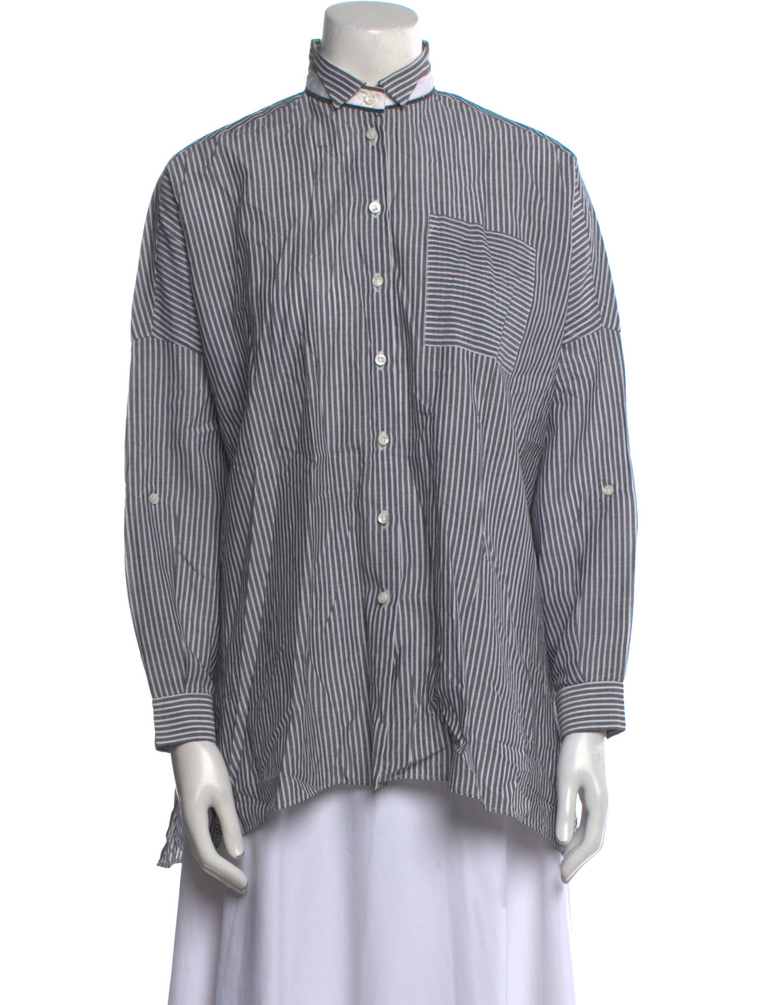 Brunello Cucinelli Striped Mock Neck Button-Up Top