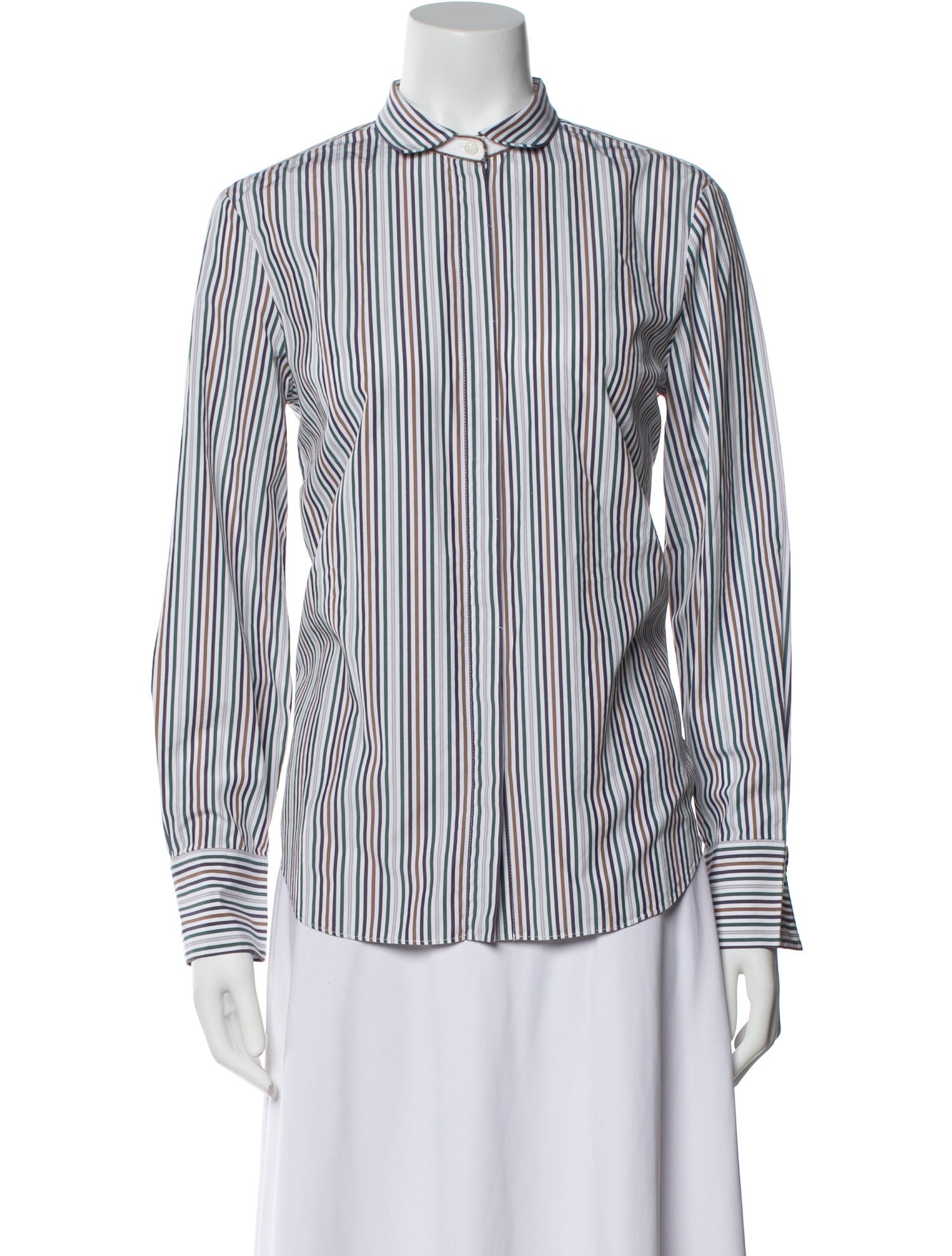 Brunello Cucinelli Striped Mock Neck Button-Up Top