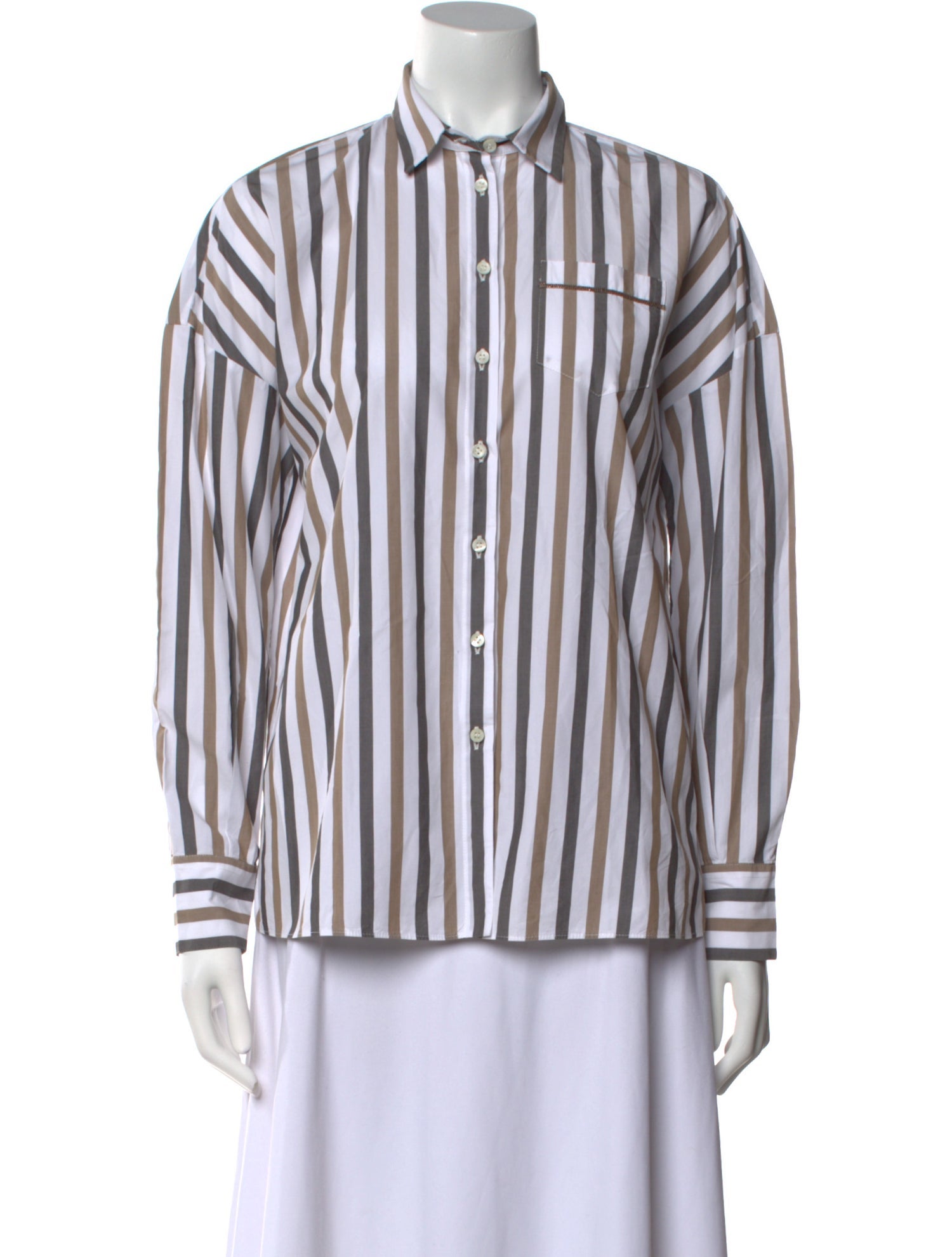Brunello Cucinelli Striped Long Sleeve Button-Up Top