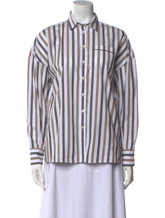 Brunello Cucinelli Striped Long Sleeve Button-Up Top
