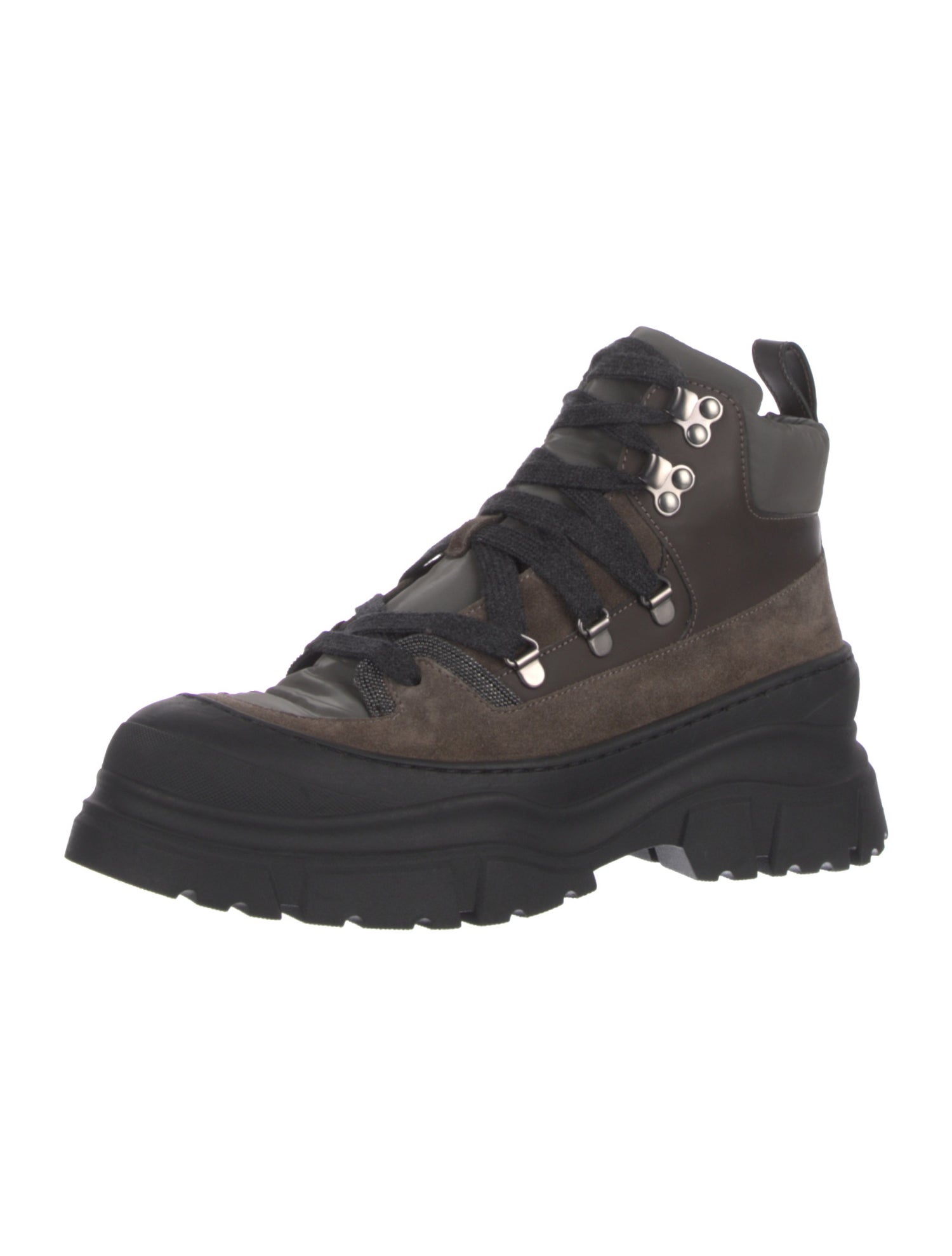 Brunello Cucinelli Suede Colorblock Pattern Combat Boots