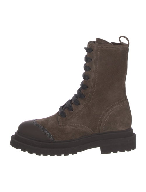 Brunello Cucinelli Suede Colorblock Pattern Combat Boots