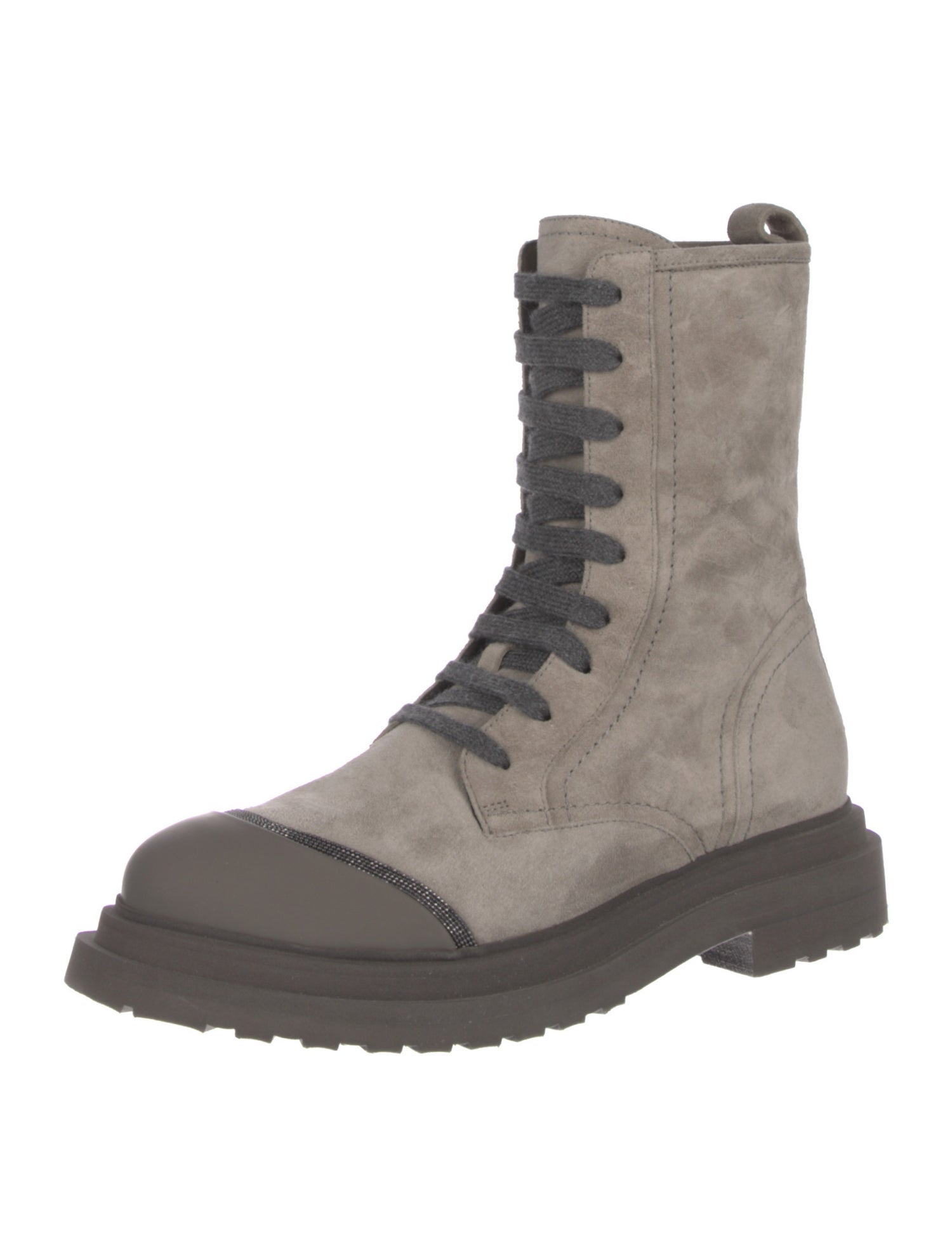 Brunello Cucinelli Suede Colorblock Pattern Combat Boots