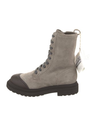 Brunello Cucinelli Suede Colorblock Pattern Combat Boots