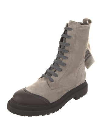 Brunello Cucinelli Suede Colorblock Pattern Combat Boots