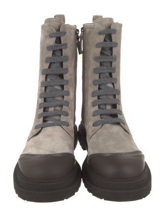 Brunello Cucinelli Suede Colorblock Pattern Combat Boots