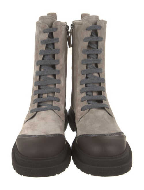 Brunello Cucinelli Suede Colorblock Pattern Combat Boots
