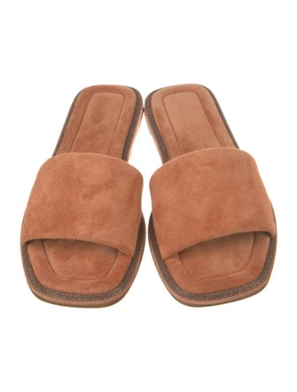 Brunello Cucinelli Suede Beaded Accents Slides